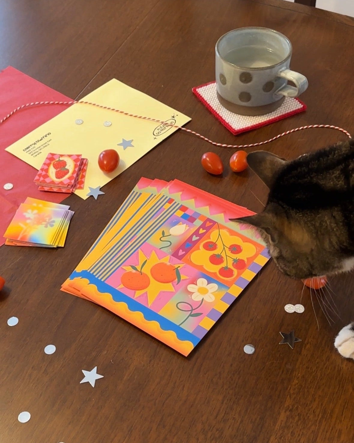 Cat interacting with colorful greeting cards and a cup on a wooden table.
